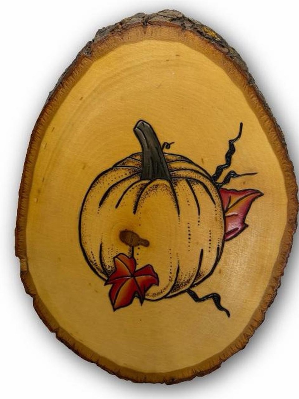 Hand-Painted and Burnt Pumpkin Wood Slice - Autumn Wall Art